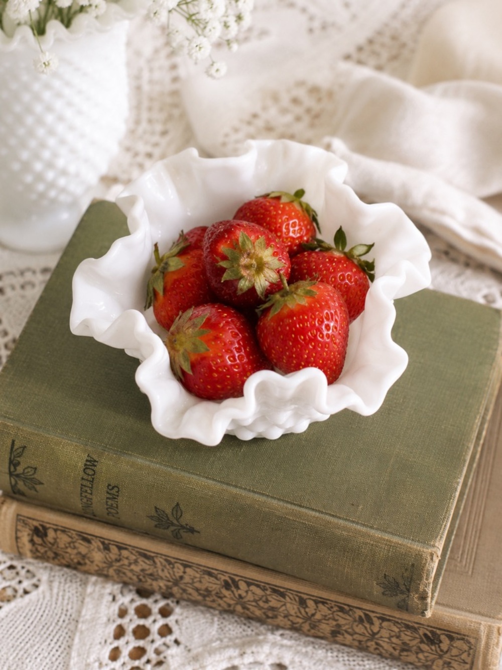 Vintage Fenton Milk Glass Hobnail Ruffled Bowl Nut Dish Cottagecore